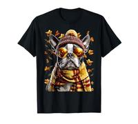 Carino Boston Terrier con Occhiali da Sole Autunno Foglie Autunno Cane Maglietta