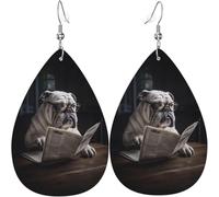 Carino Bulldog che legge il giornale Foglie di Natale Orecchini a goccia in pelle per decorazioni da donna