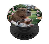 Carino Capybara Sip Tea Rose Cup Cottagecore Floral Garden PopSockets PopGrip Adesivo