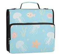 Carino Cartone Animato Bianco Medusa Pesce 3 Anelli 1.5 "Cerniera Raccoglitore Organizzatore con Maniglia e Tracolla Rimovibile Multi-Tasca Forniture scolastiche Organizzatore per la Scuola Bolsa de