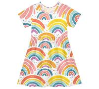 Carino Cartoon Arcobaleni Bianco Ragazze Vestito Girocollo Casual Sundress Manica Corta Del Bambino Ragazze Vestiti, Carino Cartoon Arcobaleni Bianco, 7-8 Anni