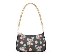 Carino Cartoon Koala Floreale Nero Tote Borsa Da Donna Estetica Borsa A Tracolla Casual Borsa Hobo Chiusura A Cerniera Cinghia Catena