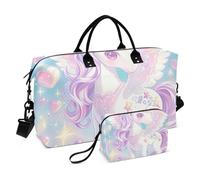 Carino Cartoon Unicorni Glitter Cuori Borsa Tote Da Viaggio Borsa Da Viaggio Weekender Pernottamento Borsa Sportiva Palestra Borsa con Toiletry Bag per Viaggio Pieghevole Bolsa de Gym para Mujer