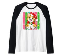 Carino Corgi Tropicale Natale Santa Cappello Vacanza Cane Maglia con Maniche Raglan