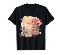 Carino Elefante Ramen Sakura Albero Tramonto Pagoda Torre Kawaii Maglietta