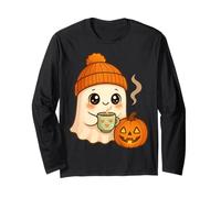 Carino Fantasma Boo con Zucca e Bevanda Calda Halloween Divertimento Maglia a Manica