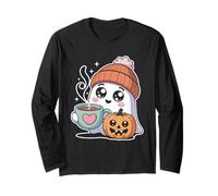 Carino Fantasma Boo con Zucca e Bevanda Calda Halloween Divertimento Maglia a Manica