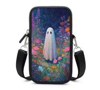 Carino fantasma in un campo di fiori Crossbody borsa per cellulare Smartphone borsa con tracolla regolabile