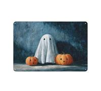 Carino fantasma intagliato zucche Halloween spettrale metallo metallo segni decorazioni da parete per bar, pub, club, caffetteria, fattoria, bianco, 20 x 30 cm