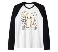 Carino Fantasma Triste con Funghi sotto la Luna Halloween Maglia con Maniche Raglan