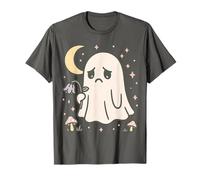 Carino Fantasma Triste con Funghi sotto la Luna Halloween Maglietta