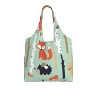 Carino Fox Bear Bird Tree Print Canvas Tote Bag Spalla Borsa Grande Capacità Shopping Bag, Nero , Taglia unica