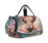 Carino Fox Fiori Ragazzi Carry on Duffel Bag Pernottamento Borse Bambino Ragazze Tote Duffle Bags Viaggio con Tracolla, Graziosi fiori di mucca delle Highlands, classico