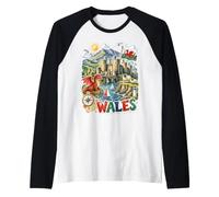 Carino Galles Regno Unito Castello Welsh Dragon Viaggi Maglia con Maniche Raglan