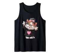 Carino Gattino Ragazza Doppio Segno della Pace Kawaii Pop Grafica Trippy Canotta