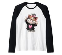 Carino Gattino Ragazza Doppio Segno della Pace Kawaii Pop Grafica Trippy Maglia con Maniche Raglan
