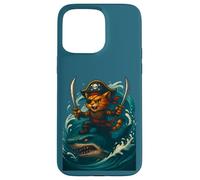 Carino gatto che cavalca squalo divertente pirata equipaggio grande onda Halloween Custodia per iPhone 15 Pro Max