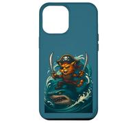 Carino gatto che cavalca squalo divertente pirata equipaggio grande onda Halloween Custodia per iPhone 12 Pro Max