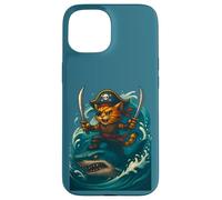 Carino gatto che cavalca squalo divertente pirata equipaggio grande onda Halloween Custodia per iPhone 15