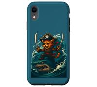 Carino gatto che cavalca squalo divertente pirata equipaggio grande onda Halloween Custodia per iPhone XR