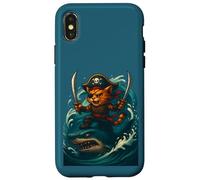 Carino gatto che cavalca squalo divertente pirata equipaggio grande onda Halloween Custodia per iPhone X/XS