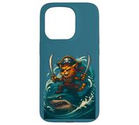 Carino gatto che cavalca squalo divertente pirata equipaggio grande onda Halloween Custodia per iPhone 15 Pro