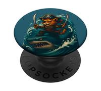 Carino gatto che cavalca squalo divertente pirata equipaggio grande onda Halloween PopSockets PopGrip Adesivo
