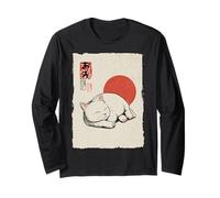 Carino Gatto Che Dorme Arte Giapponese Vintage Zen Neko Maglia a Manica