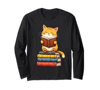 Carino Gatto Lettura Libri Amante Animale Lettore Stile Bookworm Maglia a Manica