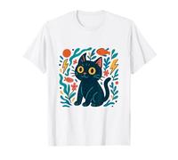 Carino gatto nero e pesce fulmine floreale cartone animato Kawaii Maglietta