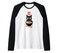 Carino Gatto Nero Mangia Giapponese Ramen Amore Maglia con Maniche Raglan