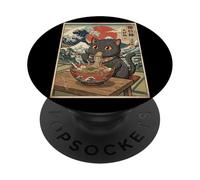 Carino Gatto Nero Ramen Ukiyo-e Wave Art Monte Fuji Giappone PopSockets PopGrip Adesivo