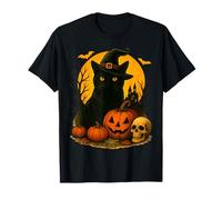Carino Gatto Nero Strega Halloween Zucca Skull Spooky Costume Maglietta
