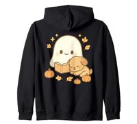 Carino Ghost Reading Book Dog & Pumpkins Spooky Stagione Autunno Felpa con Cappuccio
