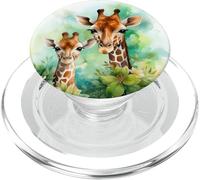 Carino Giraffa con Baby Giraffa Tra Foglie Verdi Acquerello PopSockets PopGrip per MagSafe