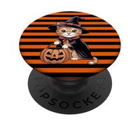 Carino Halloween Gatto Arancione Nero A Strisce Sfondo PopSockets PopGrip Adesivo