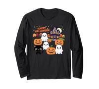 Carino Halloween Haunted House Fantasmi, Zucche, Gatto Nero Maglia a Manica