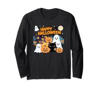 Carino Halloween Haunted House Fantasmi, Zucche, Gatto Nero Maglia a Manica