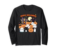 Carino Halloween Haunted House Fantasmi, Zucche, Gatto Nero Maglia a Manica