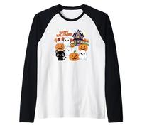 Carino Halloween Haunted House Fantasmi, Zucche, Gatto Nero Maglia con Maniche Raglan
