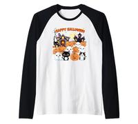 Carino Halloween Haunted House Fantasmi, Zucche, Gatto Nero Maglia con Maniche Raglan
