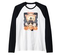 Carino Halloween Haunted House Fantasmi Zucche, Gatto Nero Maglia con Maniche Raglan
