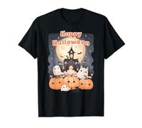 Carino Halloween Haunted House Fantasmi Zucche, Gatto Nero Maglietta
