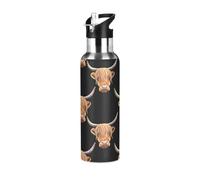 Carino Highland Cow Heads Black Stainless Steel Water Bottle 32 oz a prova di perdite, borraccia sportiva senza BPA isolata