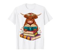 Carino Highland Mucca Con Libro Floreale Bookworm Bibliotecario Libro Maglietta