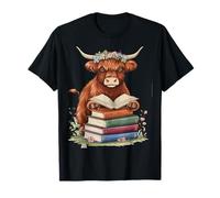 Carino Highland Mucca Con Libro Floreale Bookworm Bibliotecario Libro Maglietta