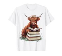 Carino Highland Mucca Con Libro Floreale Bookworm Bibliotecario Libro Maglietta