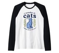 Carino I Wonder If Cats Think About Me Too Folk Art Kitten Maglia con Maniche Raglan