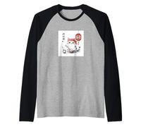 Carino Kawaii Gatto Giapponese Mangiare Riso Anime Manga Ramen Divertente Maglia con Maniche Raglan