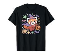 Carino Kawaii Halloween Panda Strega Rossa su Scopa con Pipistrelli Maglietta